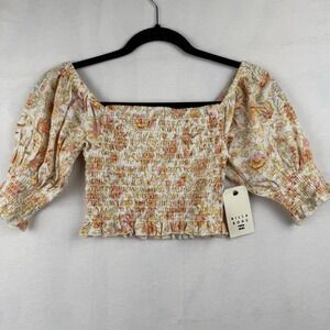 Billabong‎ Coastal Sands Floral Smocked Crop Top Square Neck Puff Sleeve S